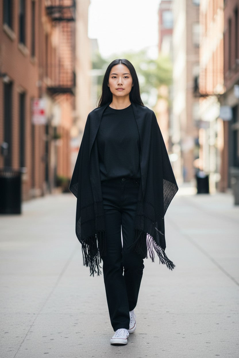 Woman walking down a city street wearing a black handwoven rebozo shawl with fringe, styled casually over an all-black outfit