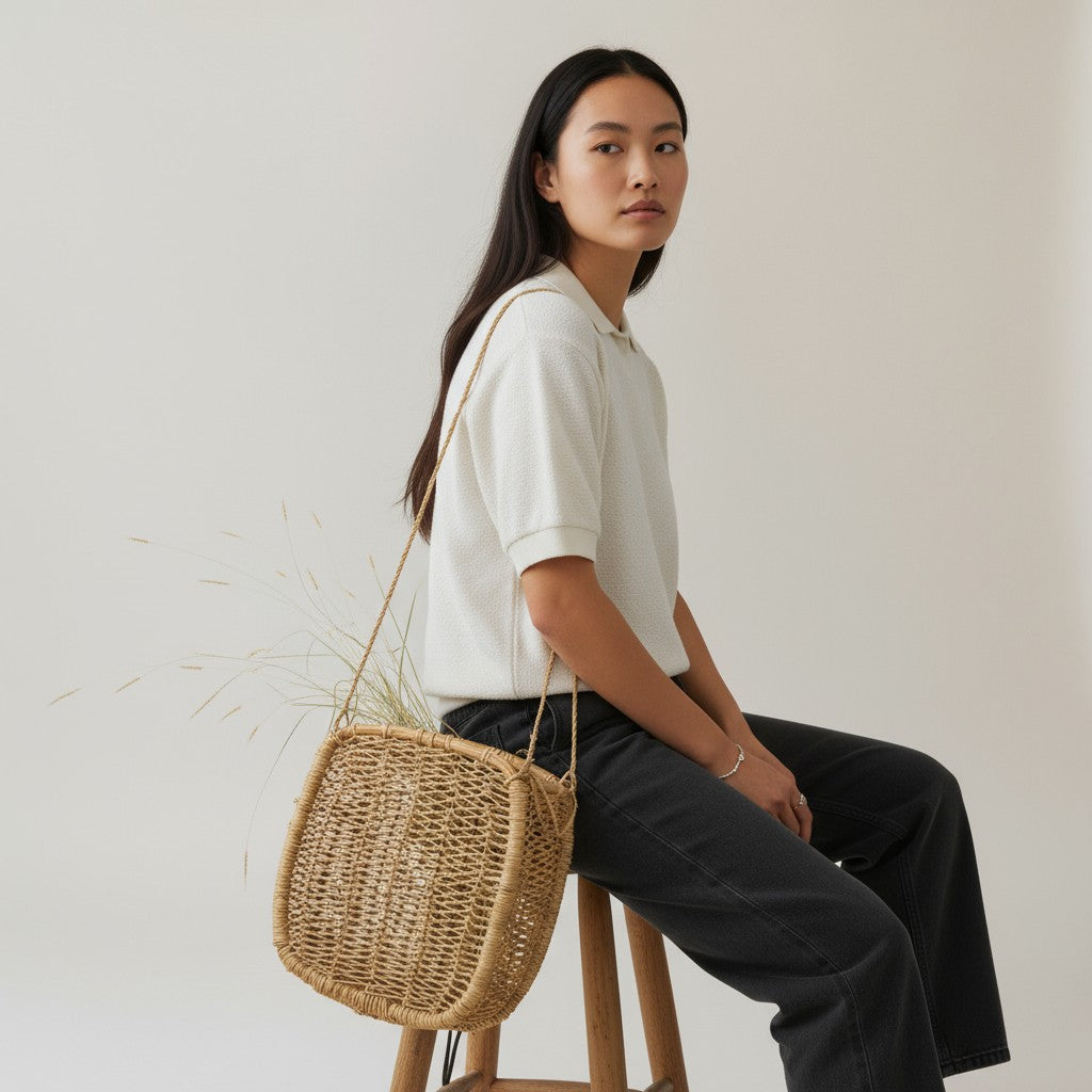 Natural square jonote fiber basket styled as a shoulder bag against a clean white background