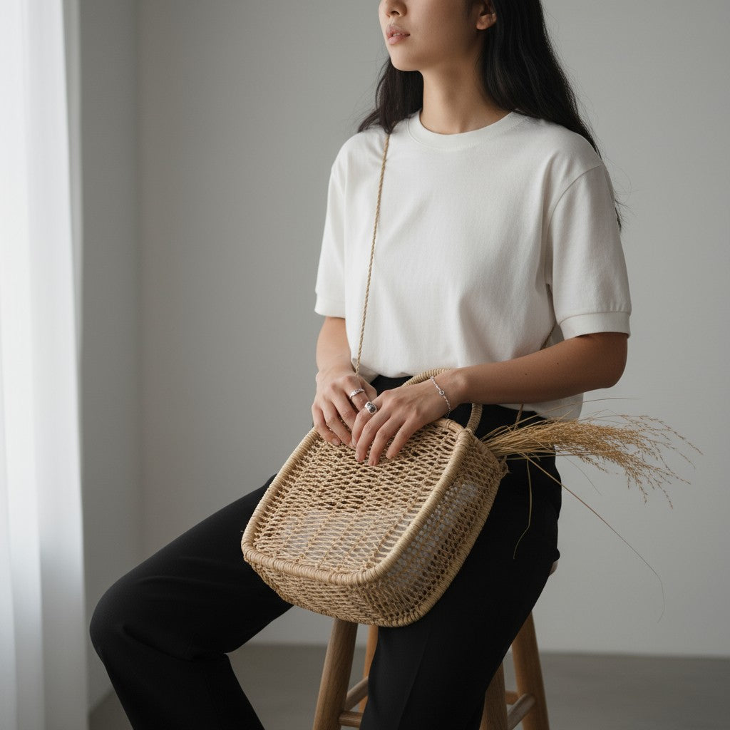 Handwoven square jonote basket used as a crossbody bag in a neutral, minimalist setting